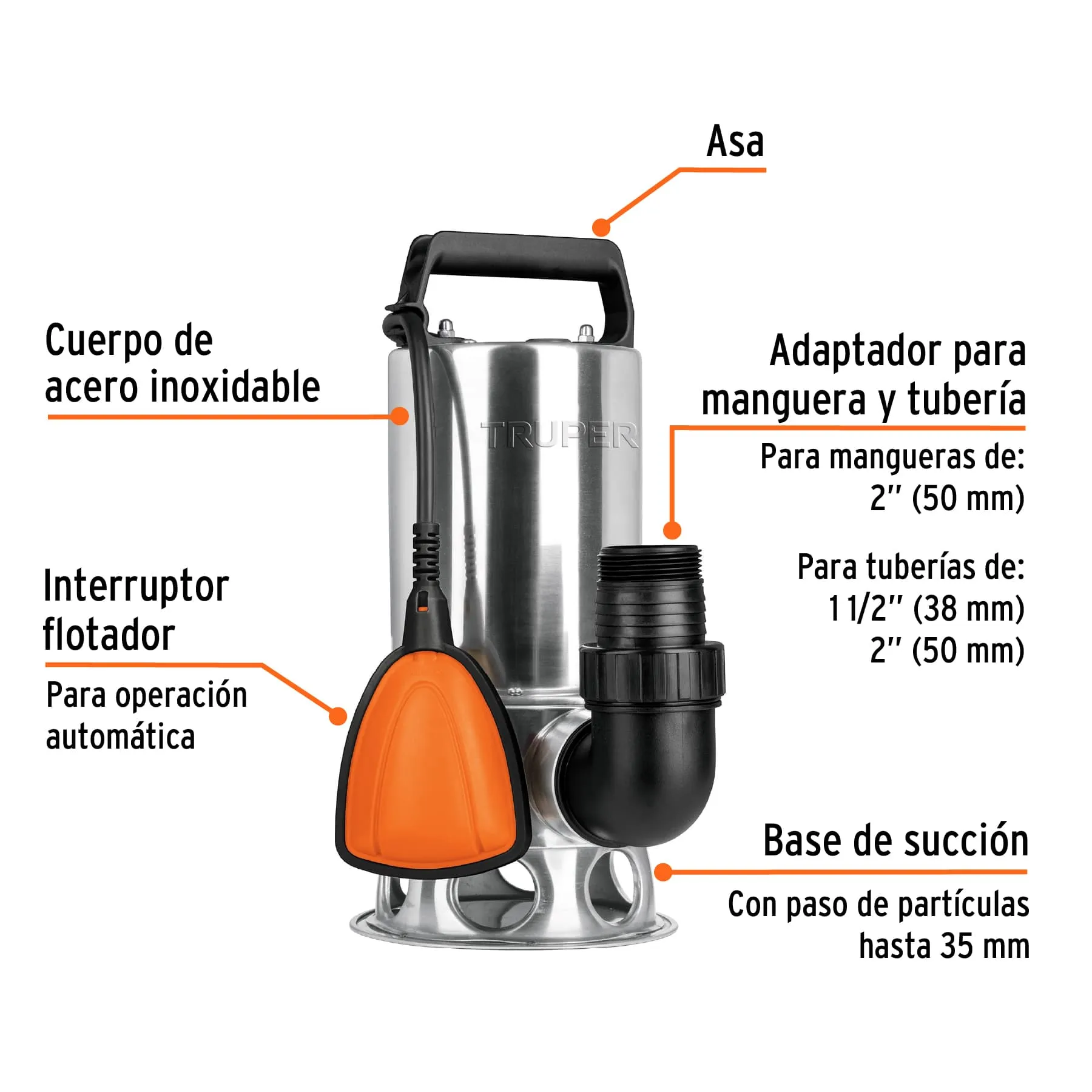 Bomba Sumergible En  Acero Inoxidable, Agua Sucia, 1 Hp, Truper