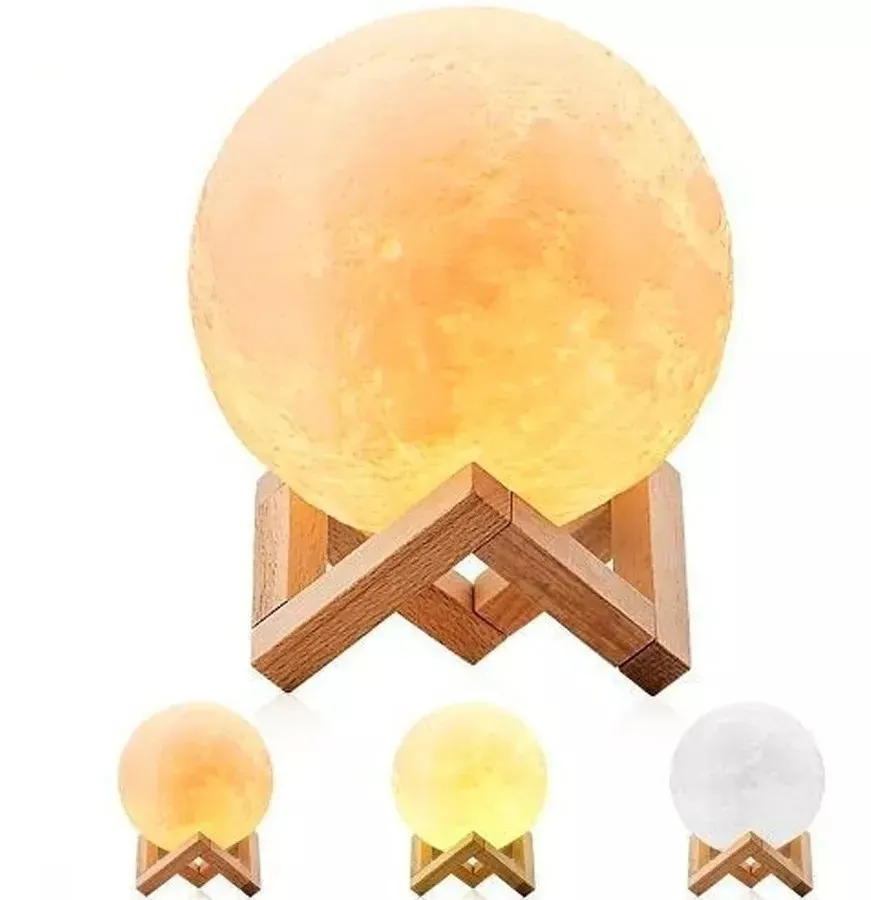 Lámpara Luna Moonlight Recargable 3d Colores Led Base Madera