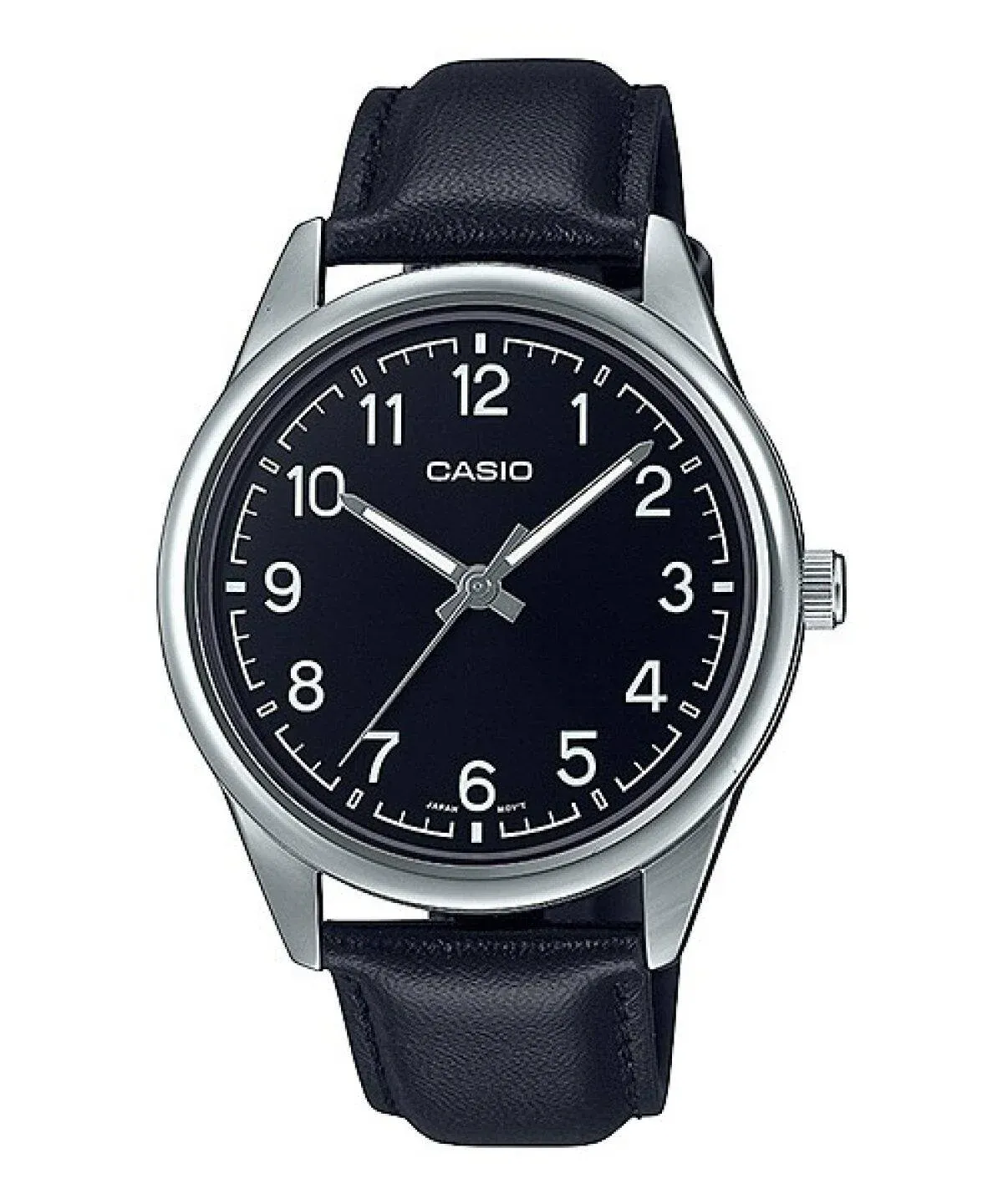 Reloj Casio Caballero Mtp-v005l-1b4udf   Cuero Negro Caja Plateada Fondo Negro Hombre 