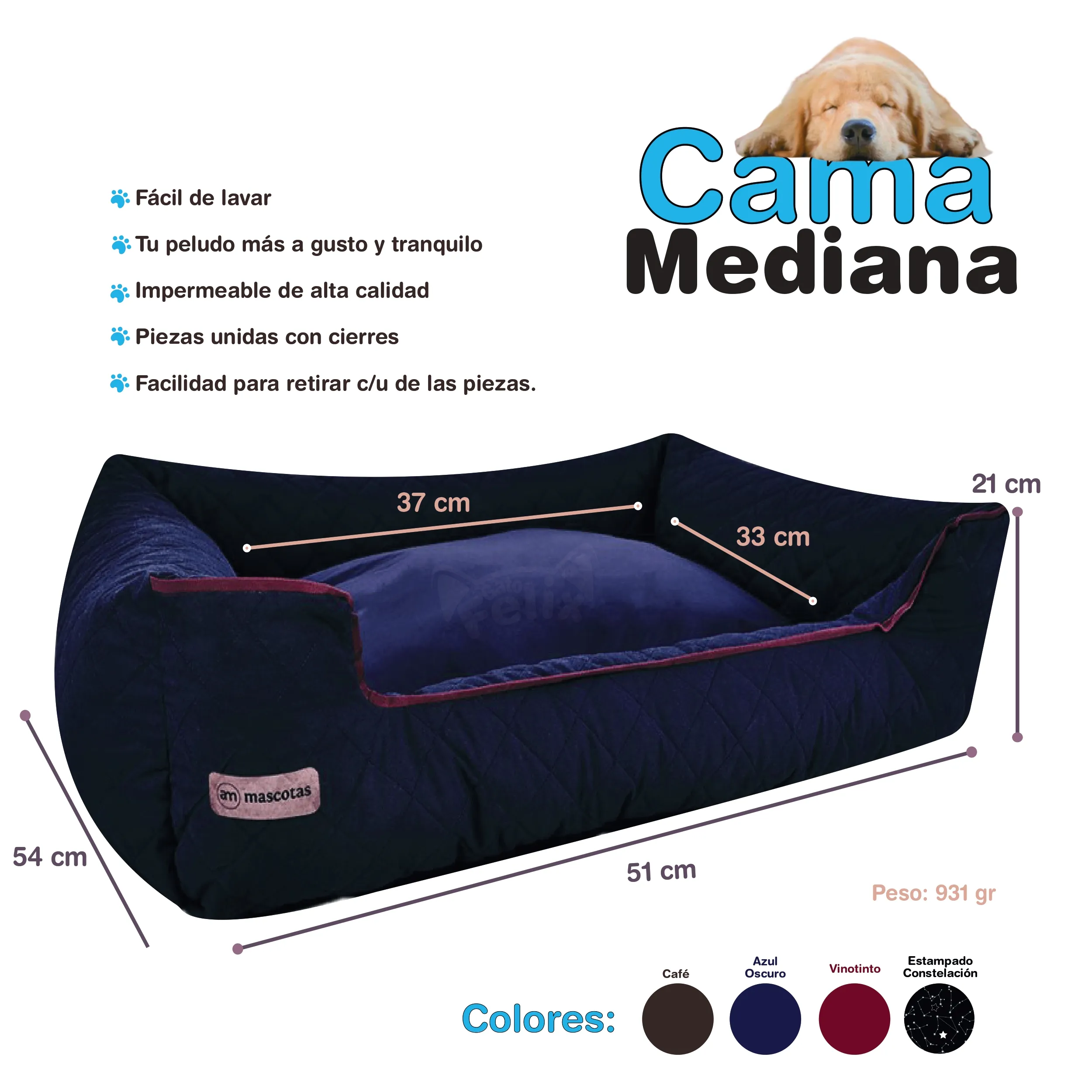 Cama Mediana Para Perros Fácil Lavado Acolchada De Lujo Impermeable Color Azul Oscuro