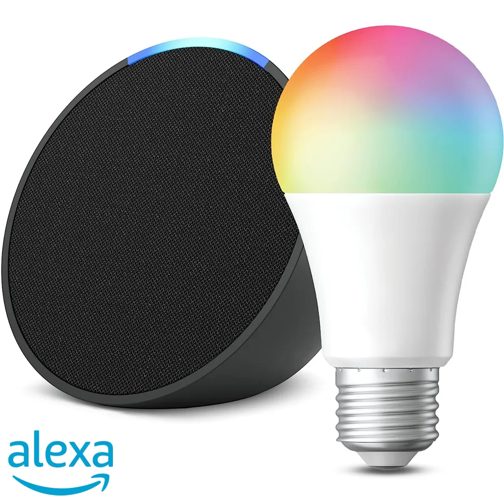 Combo Asistente Virtual Alexa Echo Pop + Bombillo Inteligente LED RGB 