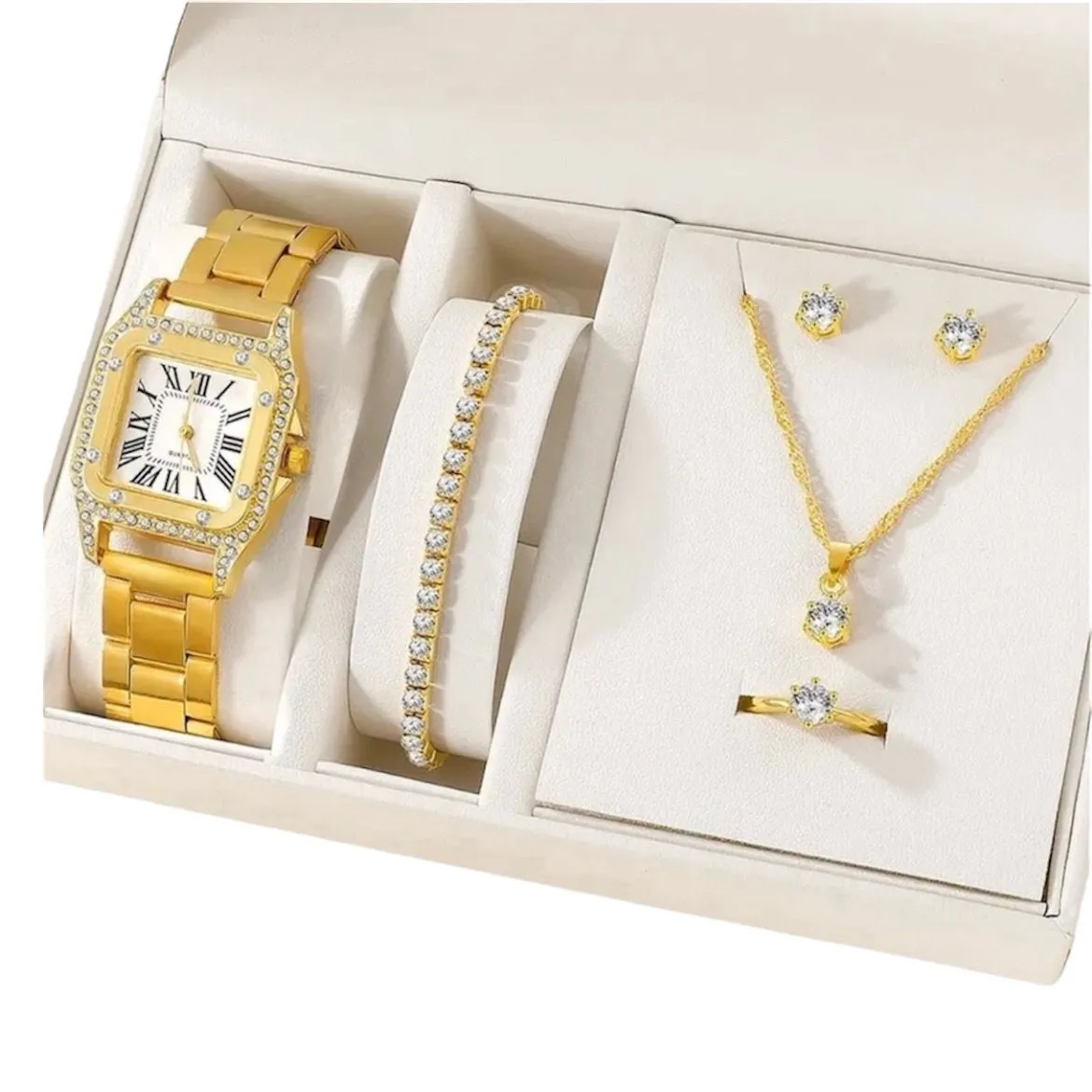 Juego De 6 Piezas De Reloj De Lujo Para Mujer Anillo Collar Pendientes Diamantes De Imitación Reloj De Pulsera