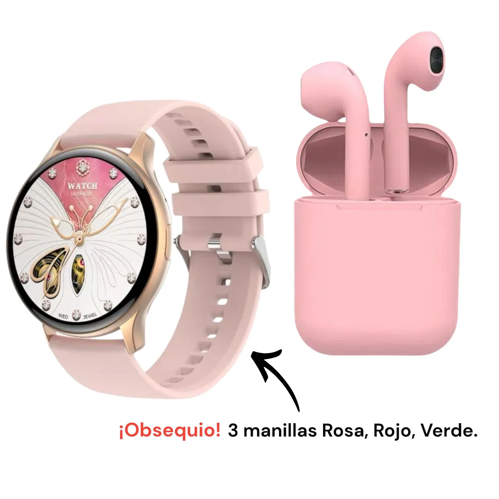 Reloj Inteligente SmartWatch Sumergible + Audífonos I12 Bluetooth Rosa