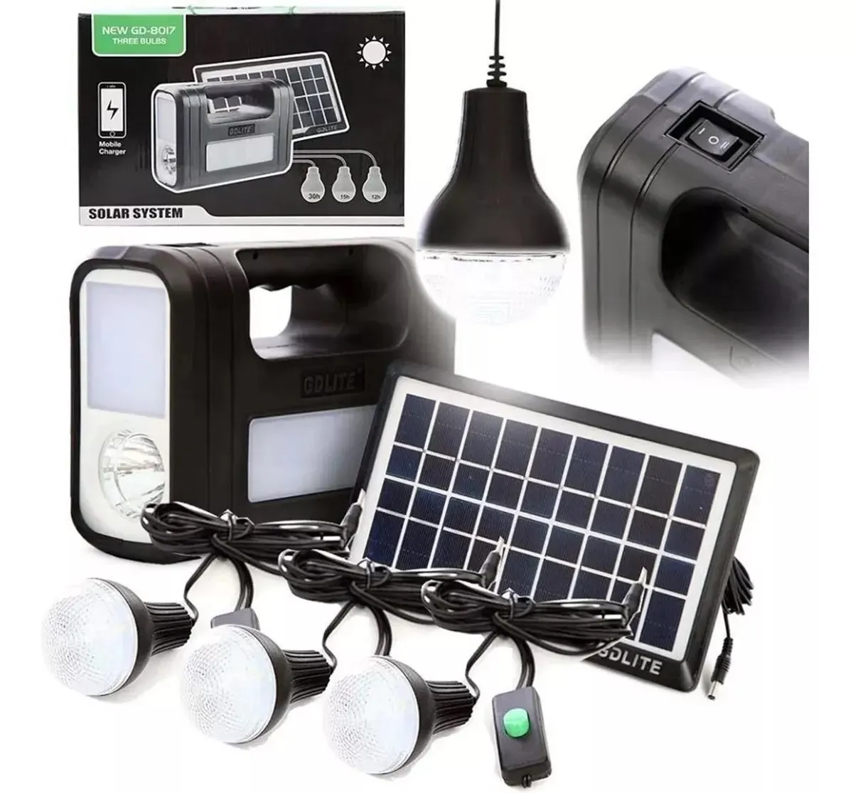 Kit Panel Solar Con Batería Y 3 Bombillos De 3W Carga USB 5V 8017