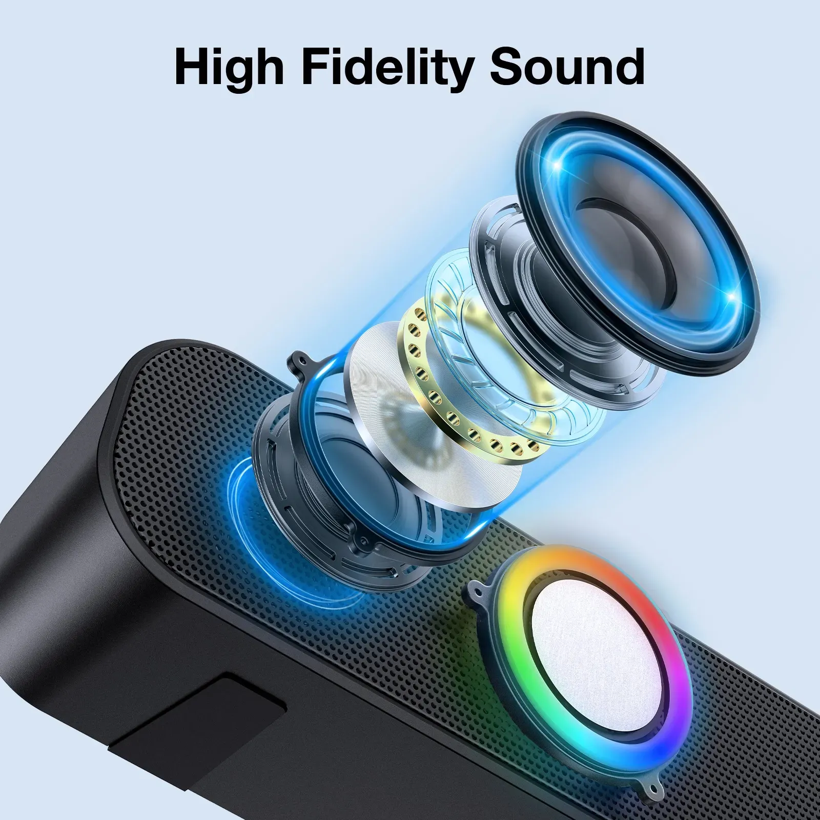 Bocina Bluetooth Speaker 1Hora BOC241 para PC Inalámbrica RGB Soporte 3.5 mm AUX TF USB para Interior Hogar y Fiesta Color Negro 110V/220V