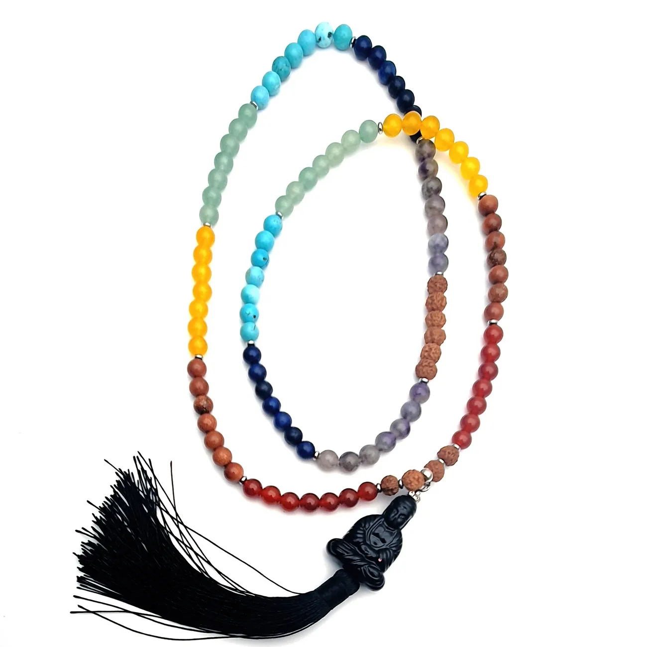 Japa Mala Buda Negro Cuarzo 7 Chakras 108 Cuentas + Estuche