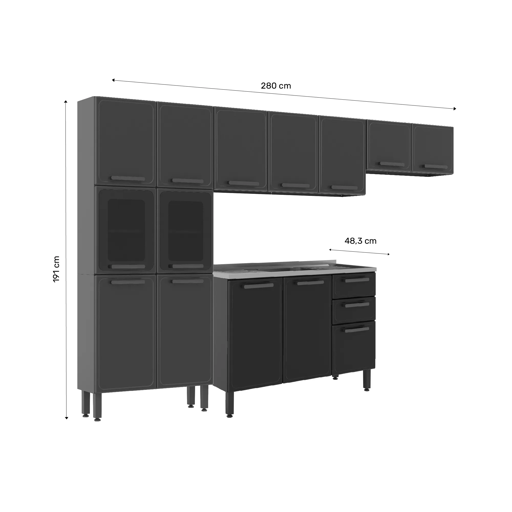 Cocina Integral Acero 280cm Incluye Lavaplatos Central Gris