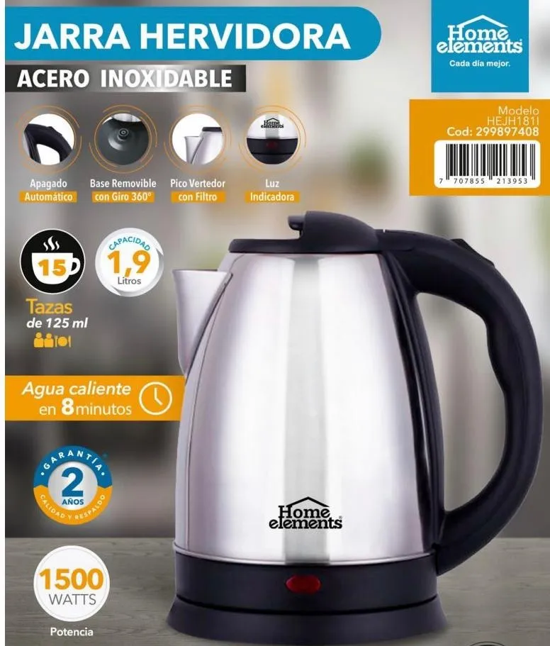 Hervidor De Agua Acero Inoxidable Home Elements Hejh181