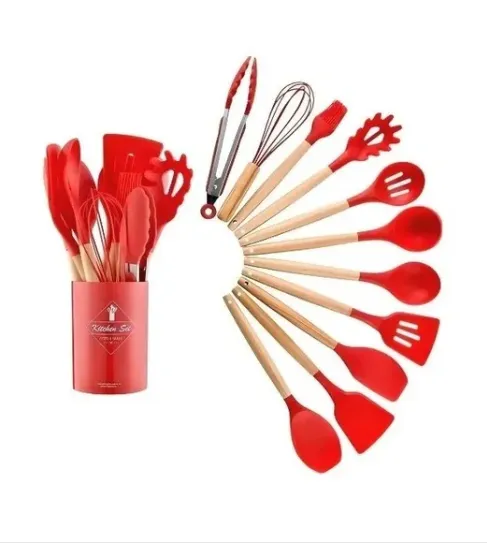 Juego Utensilios 12 Pzs Silicona Set Resistente Calor Cocina Rojo