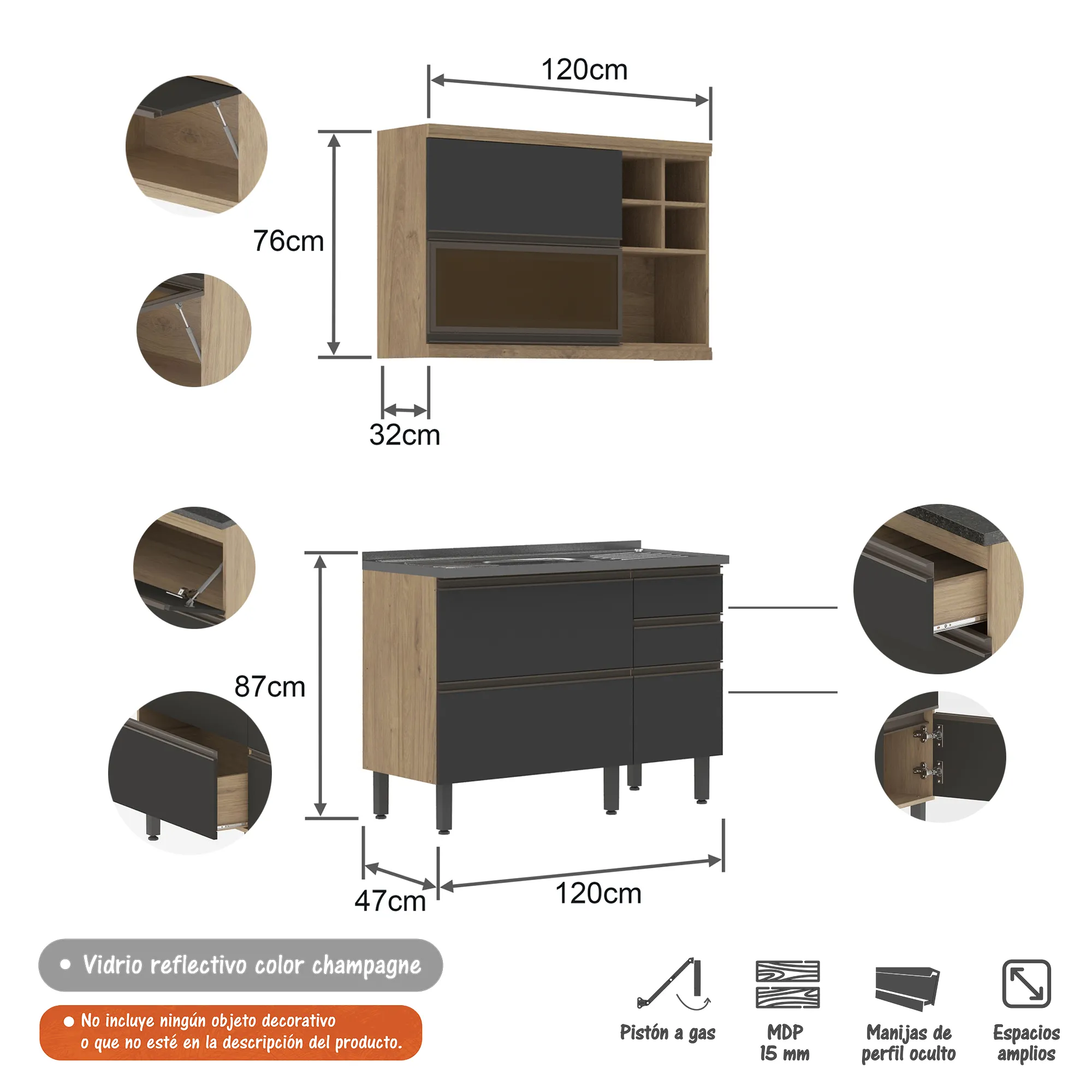 Cocina Integral MDP 120cm Incluye Lavaplatos Central