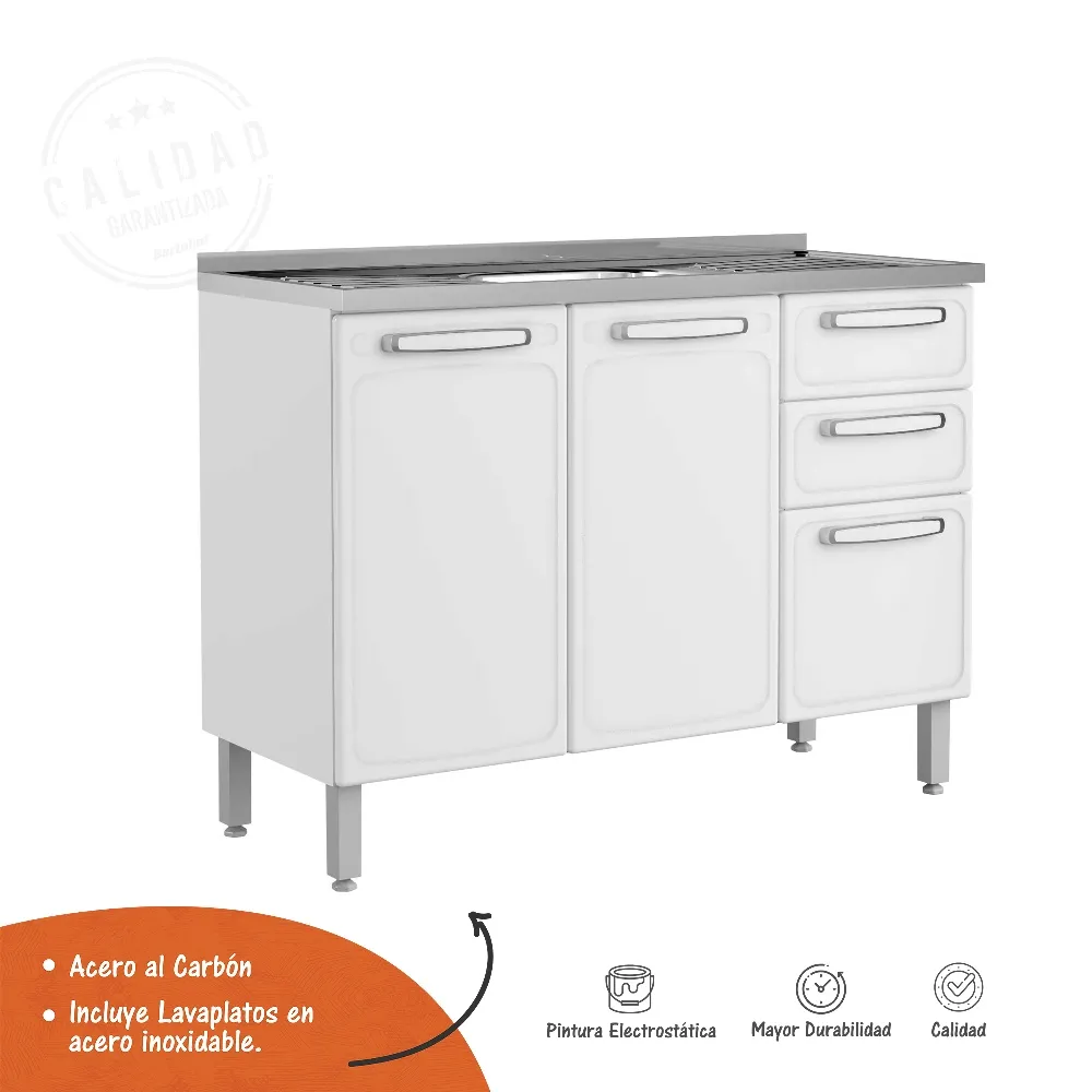 Mueble Inferior De Cocina En Acero Bertolini Incluye Lavaplatos Color Blanco