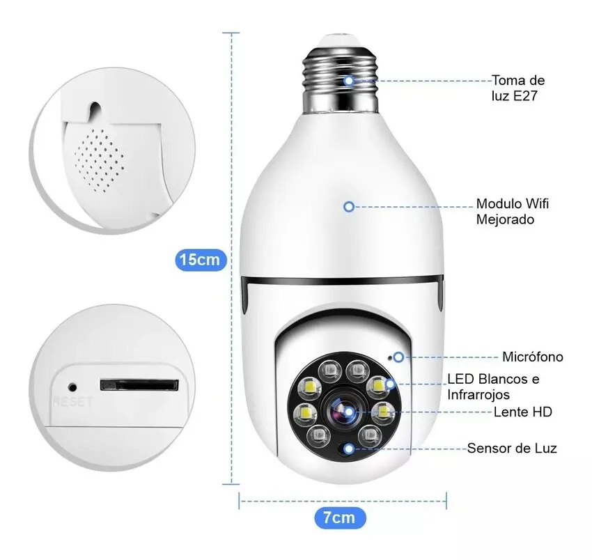 Cámara Bombillo Robotica De Seguridad Wifi 360° Ip Panoramica