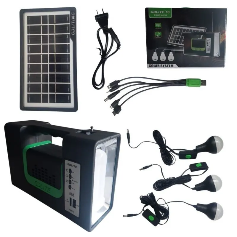 Sistema de Iluminacion Portatil Panel Solar 3 Bombillos Linterna Bateria Cargador GDLITE 10