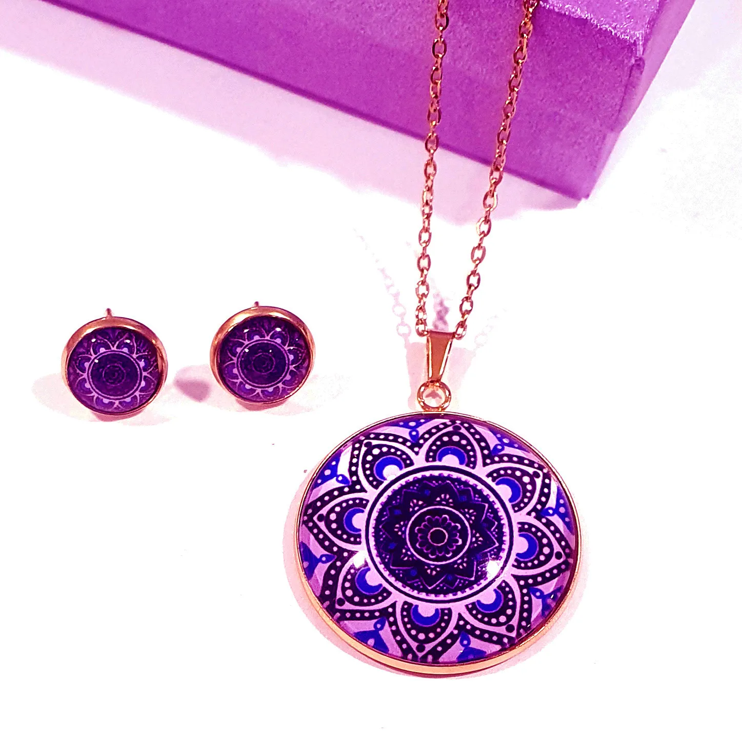 Collar Aretes Juego Acero Mandala + Estuche