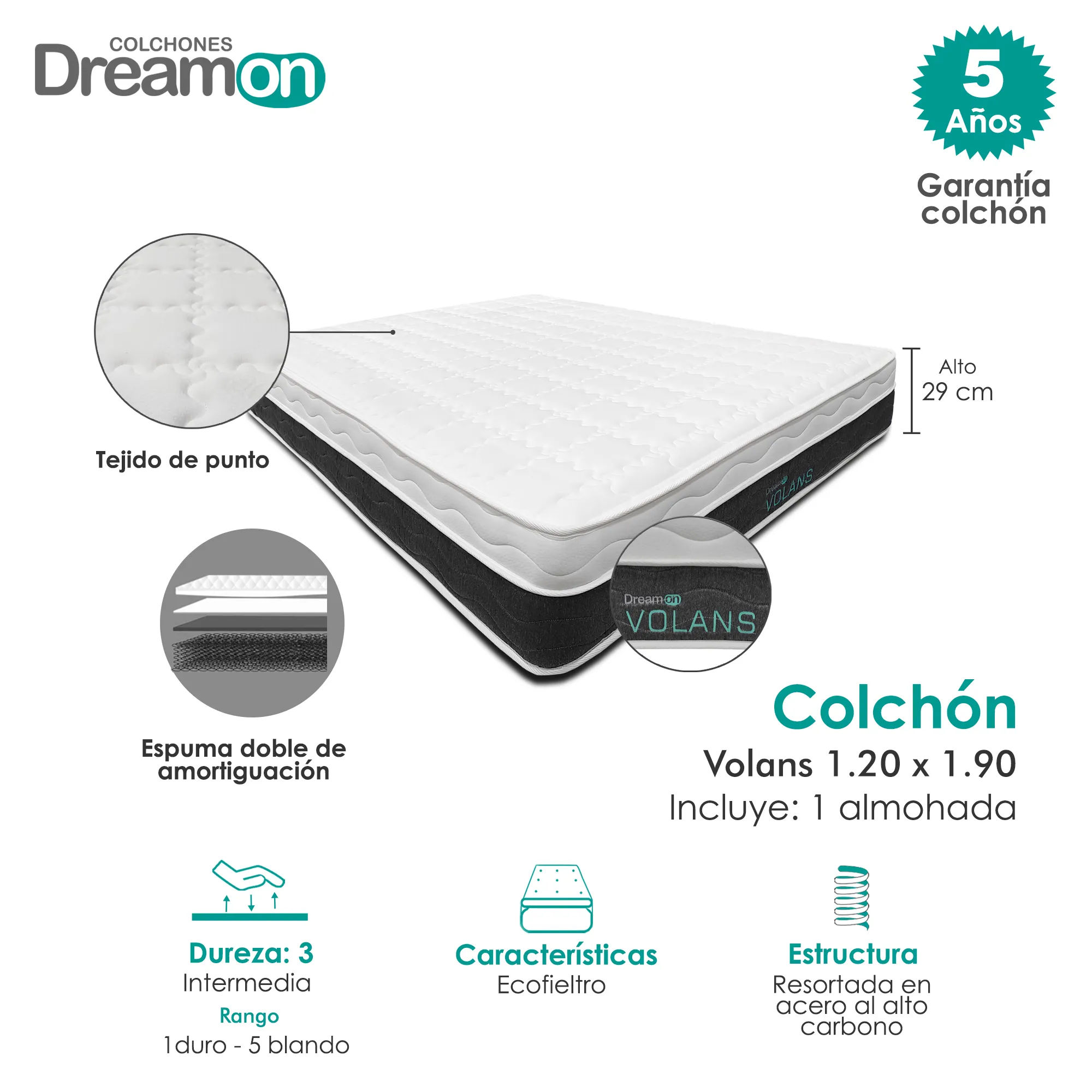 Colchon DreamOn Volare 120 x 190 Dureza Intermedia