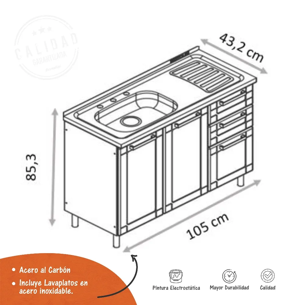 Mueble Inferior 1,05m 2 Cajones Con Lavaplatos Multipla Blanco