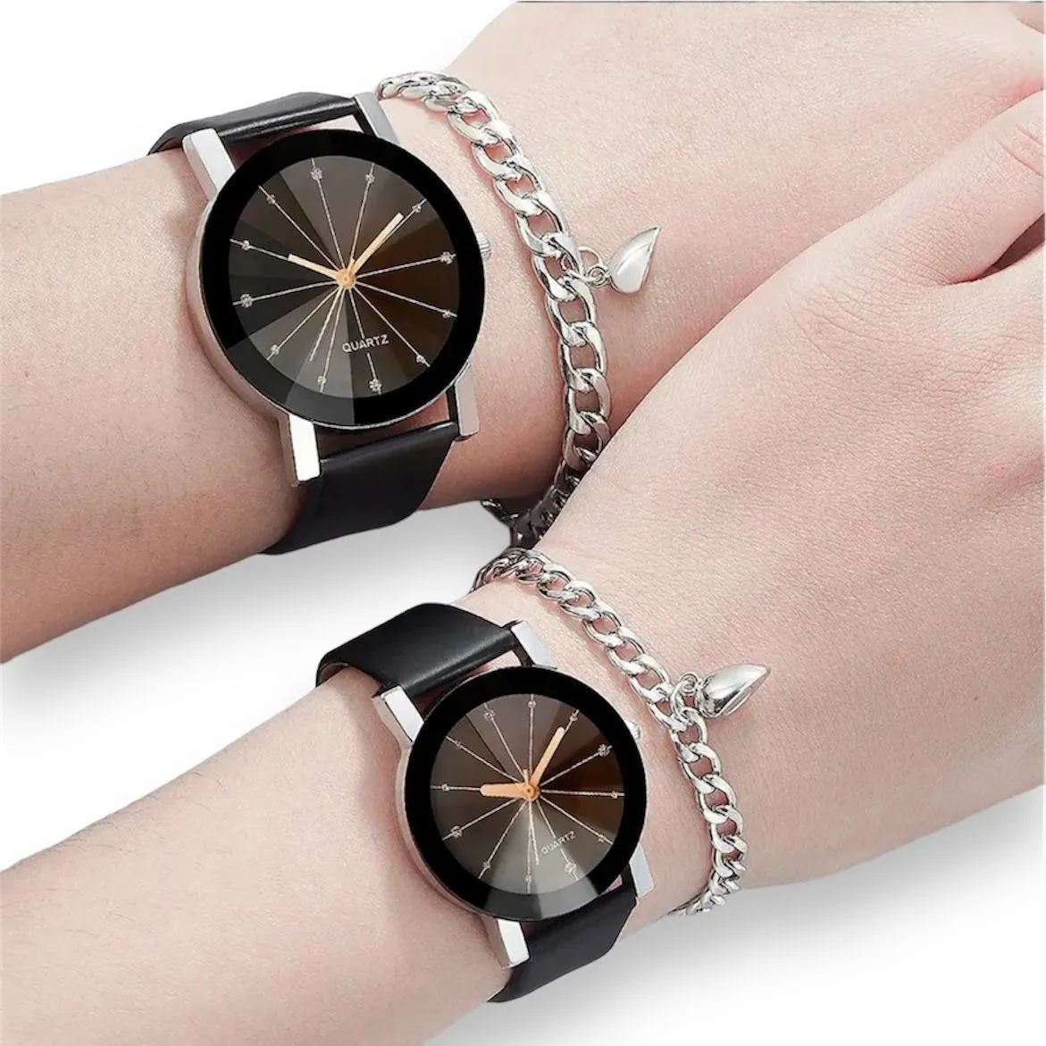 Reloj Pulsera De Cuarzo Con Esfera De Cristal Redonda Y Pulseras 4 Piezas Para Pareja