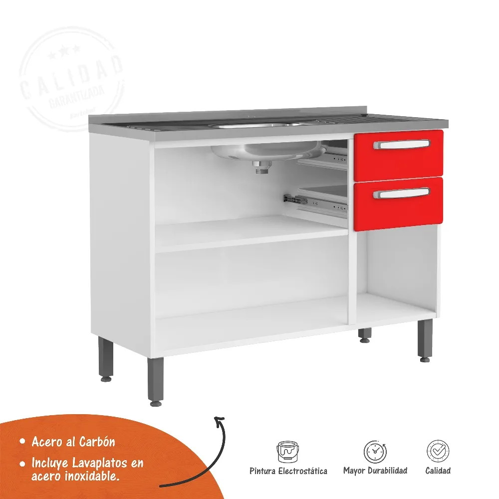 Mueble Inferior De Cocina En Acero Bertolini Incluye Lavaplatos Color Rojo