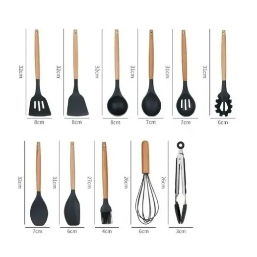 Juego Utensilios 12 Pzs Silicona Set Resistente Calor Cocina Negro