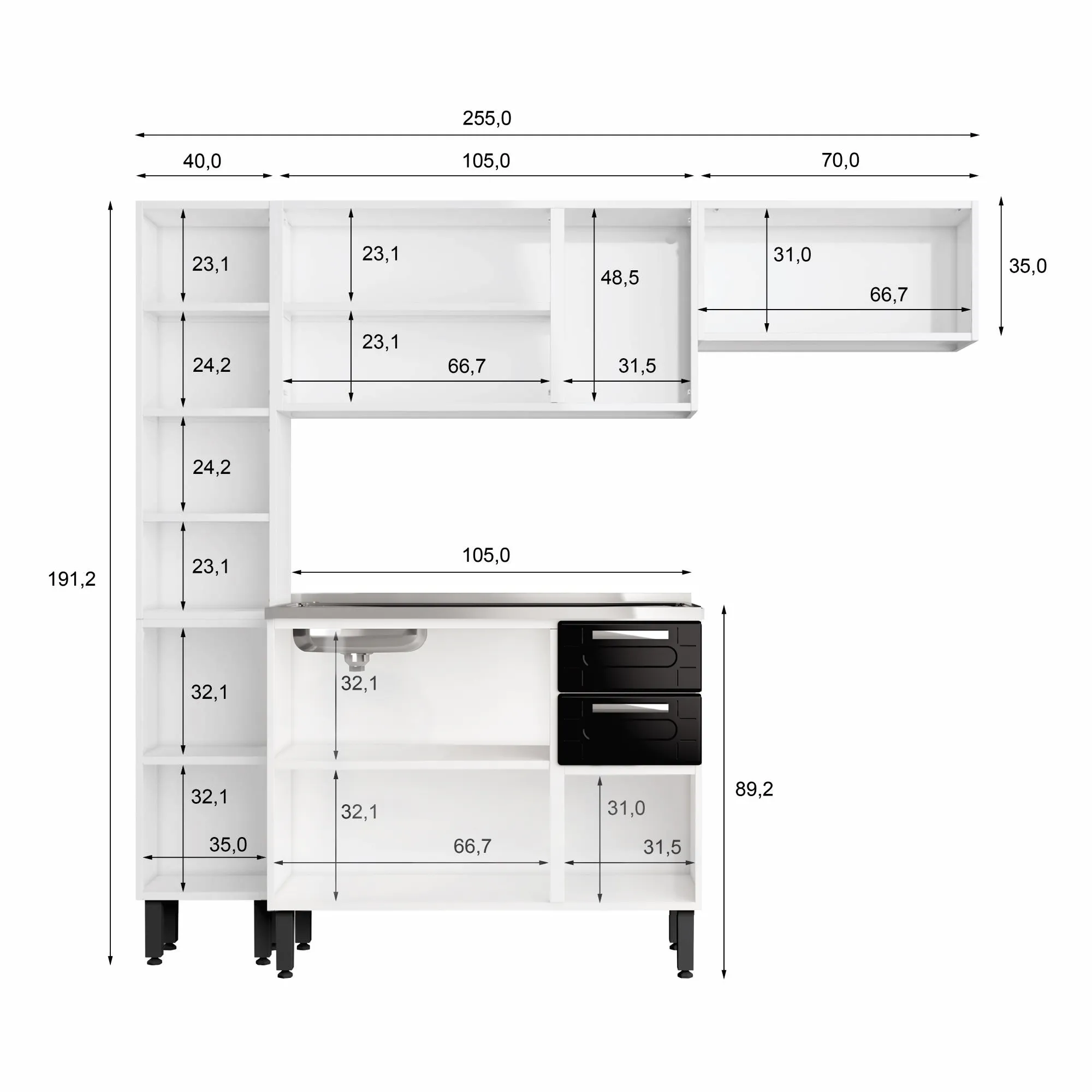 Cocina Integral Bertolini en Acero 2.10m Incluye Lavaplatos Color Blanco con Negro