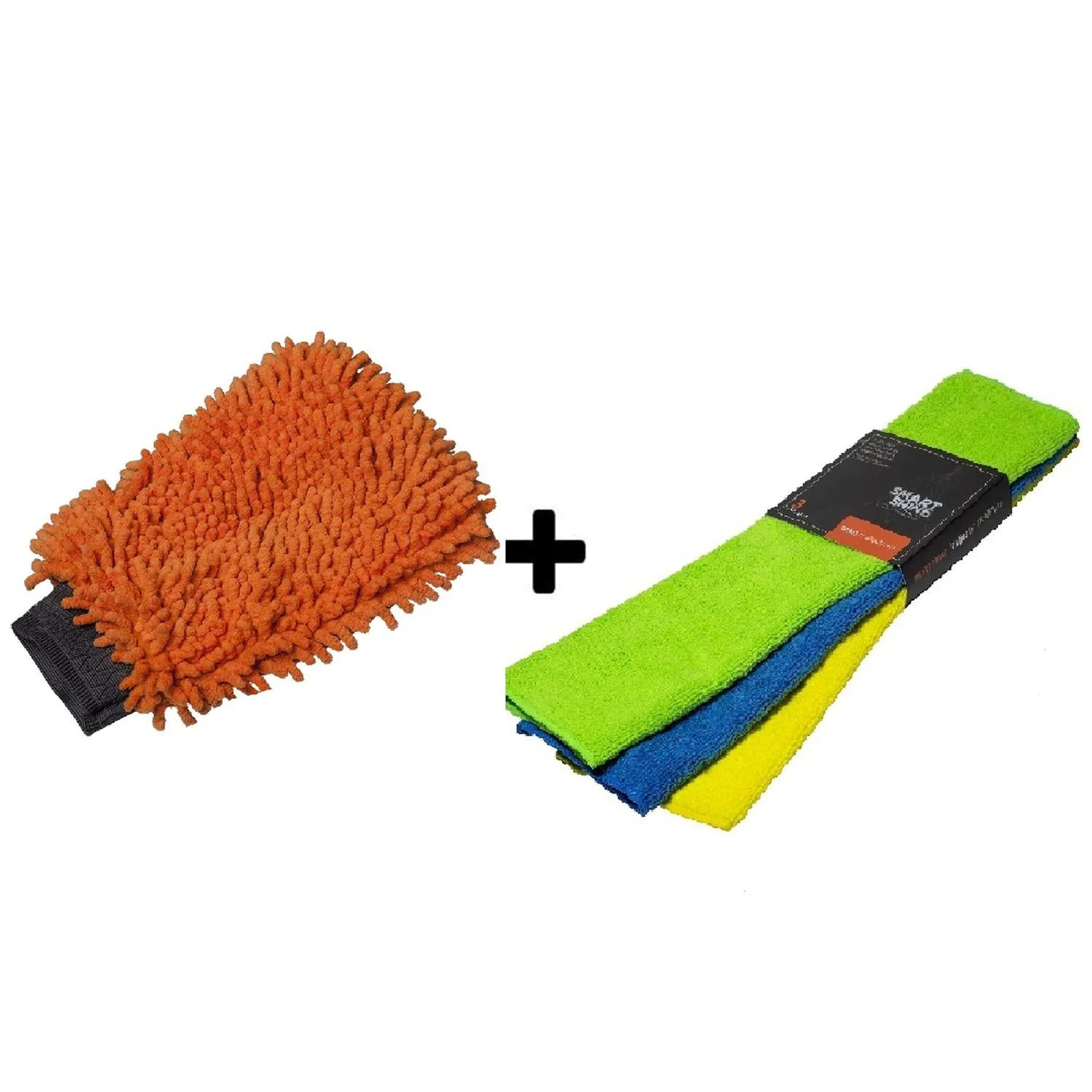 Guante Microfibra Naranja + Paños Microfibra 3 pk 30x40cm