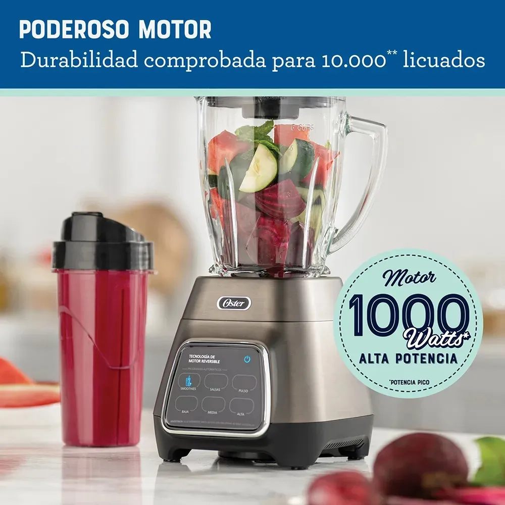 Licuadora Touch Oster Programas Automáticos Con Tecnología Reversible, Pantalla Táctil y Vaso BLend-N-Go BLSTPYG1312XBG