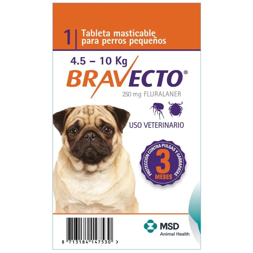 Bravecto Control Pulgas Garrapatas Perros 4.5 A 10Kg Tableta 250Mg