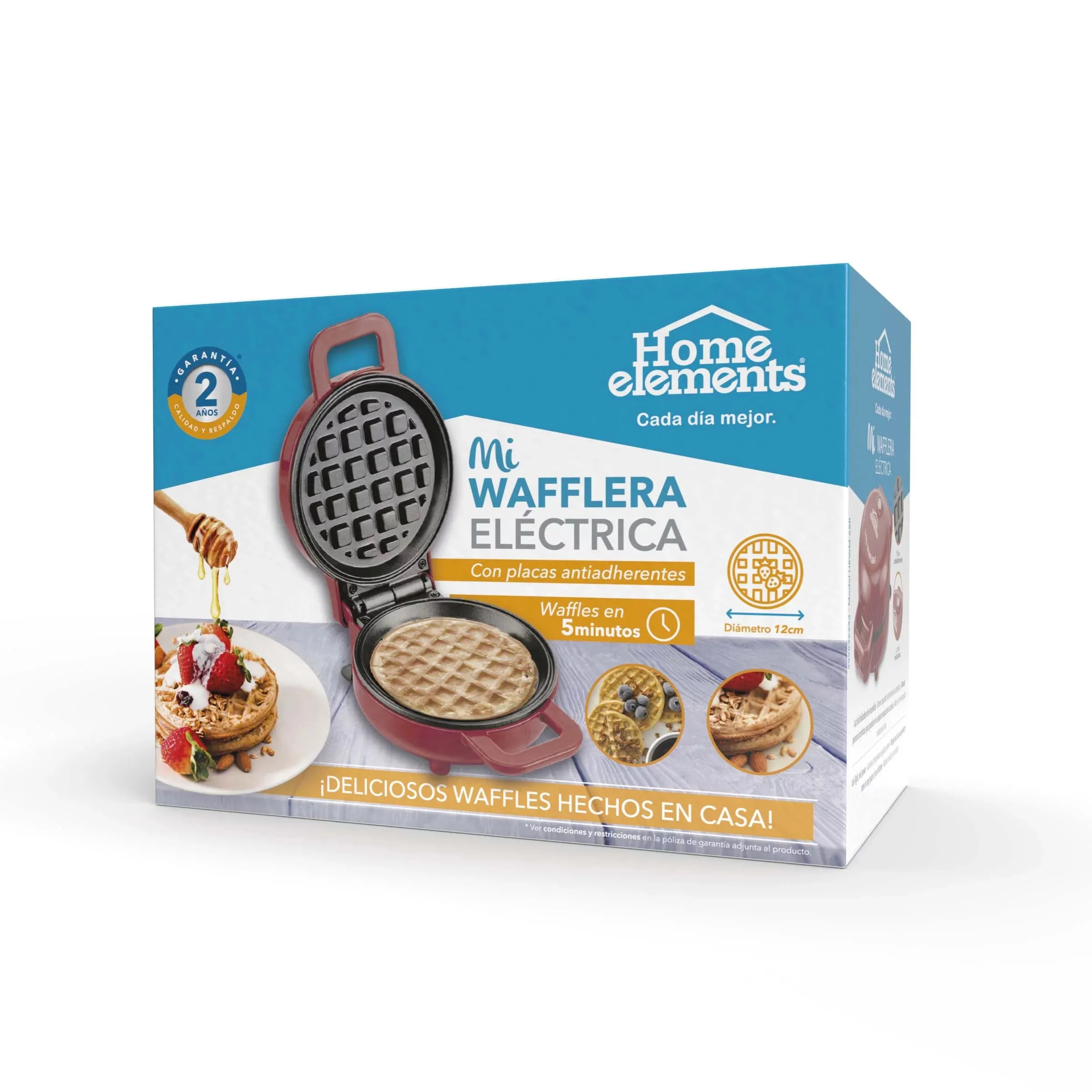 Mini Wafflera Eléctrica Roja Antiadherente Home Elements