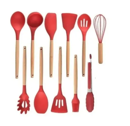 Juego Utensilios 12 Pzs Silicona Set Resistente Calor Cocina Rojo