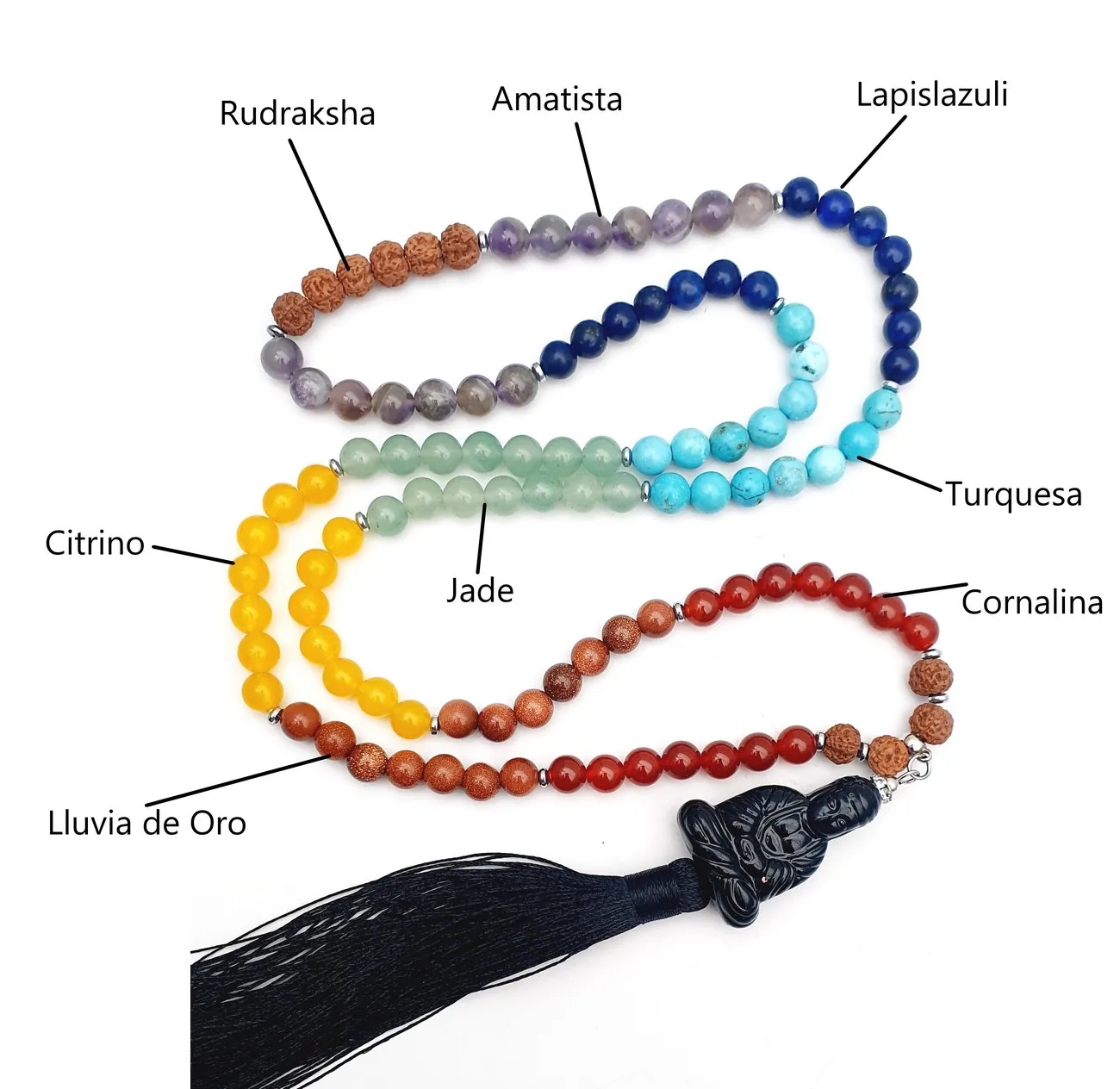 Japa Mala Buda Negro Cuarzo 7 Chakras 108 Cuentas + Estuche