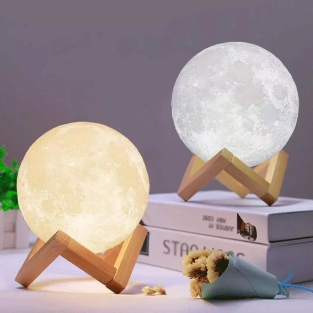 Lámpara Luna Moonlight Recargable 3d Colores Led Base Madera