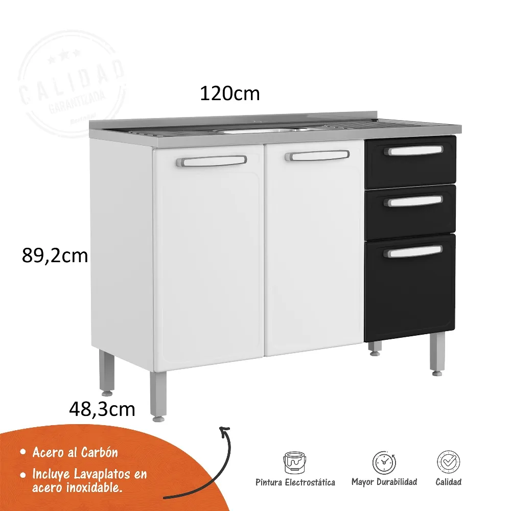 Mueble Inferior De Cocina En Acero Bertolini Incluye Lavaplatos Color Negro