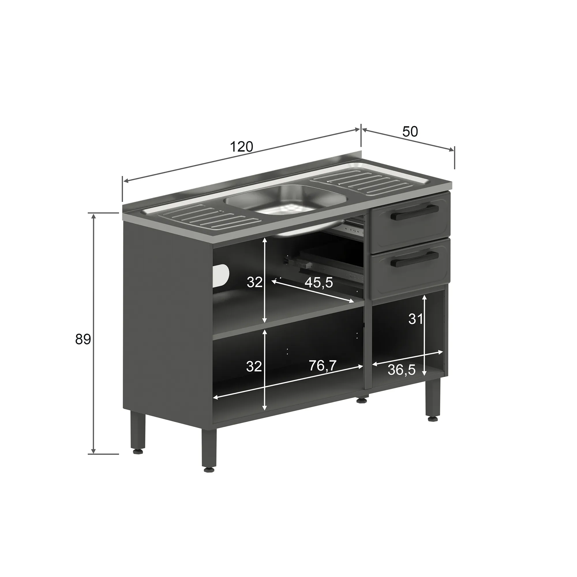 Mueble Inferior Cocina Acero Lavaplatos Central Color Gris