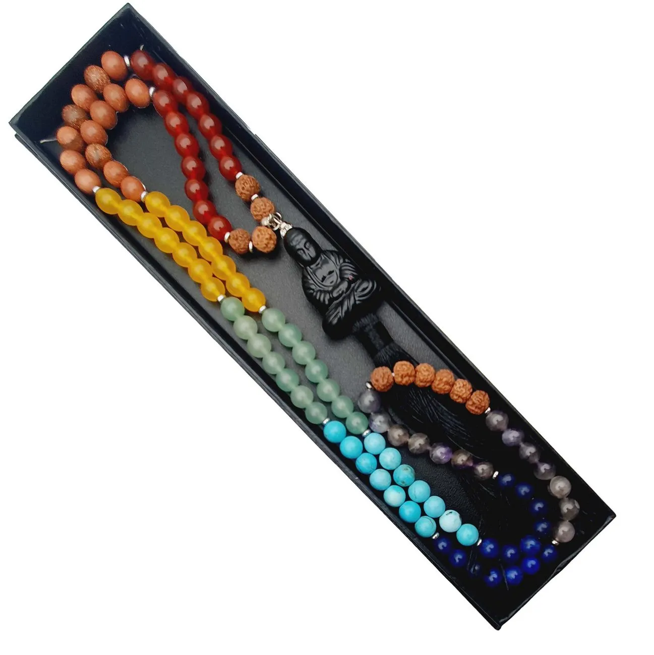 Japa Mala Buda Negro Cuarzo 7 Chakras 108 Cuentas + Estuche