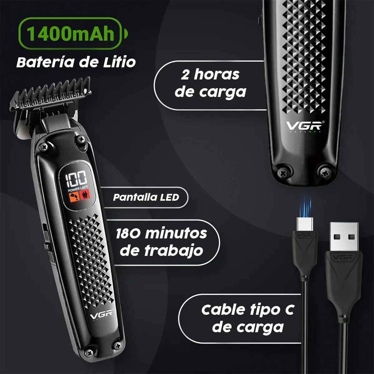 Máquina Motilar Profesional Barbería Inalámbrica Pantalla LED V-972