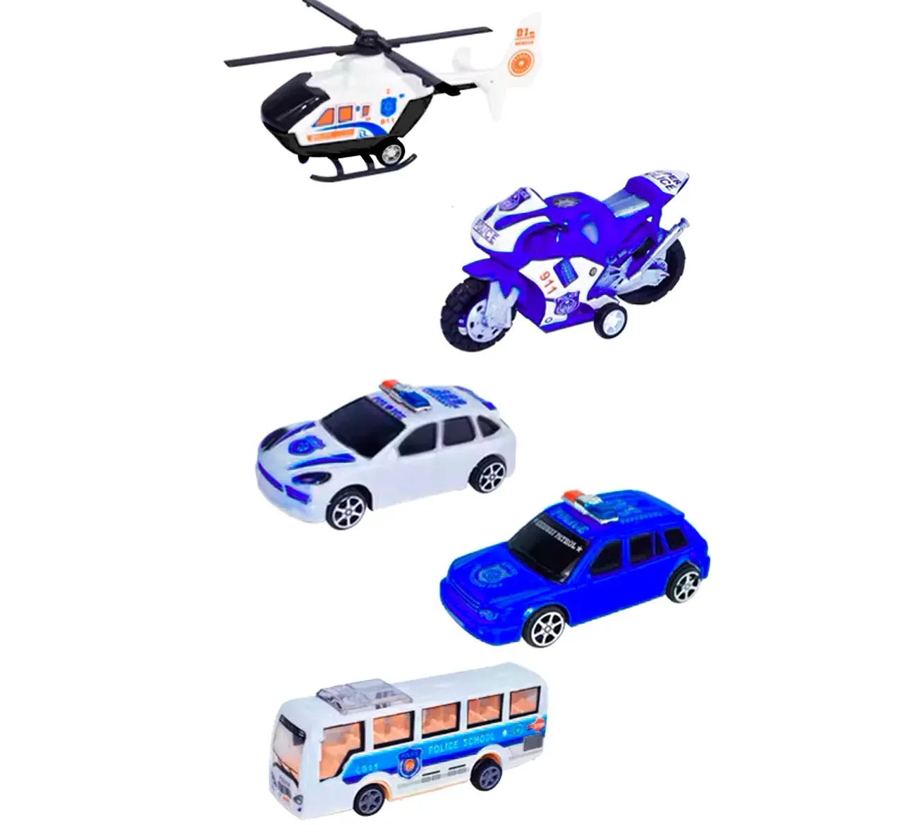 Carros De Impulso Moto Grua Bus Helicoptero Policia 5 Pc