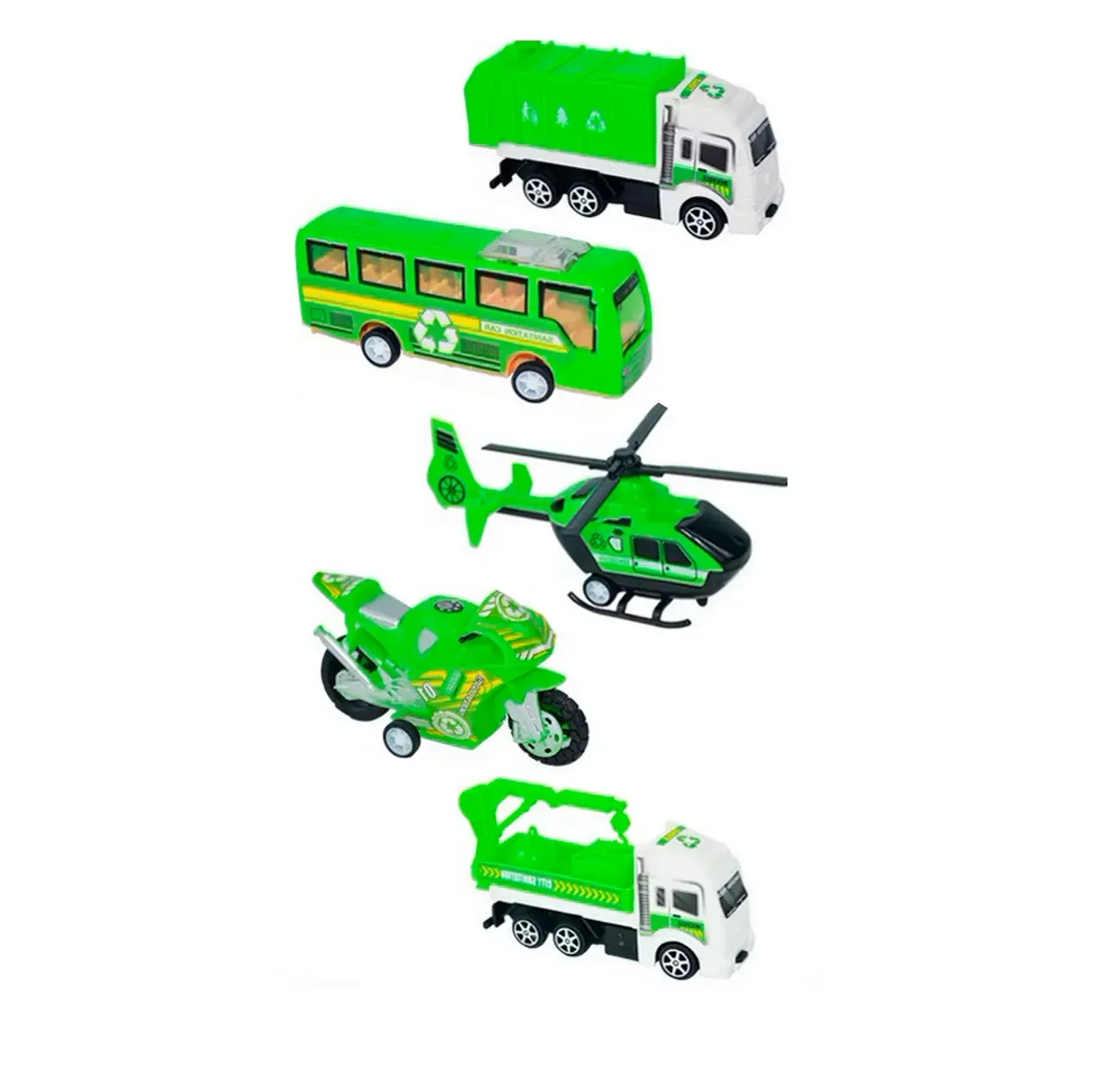 Carros De Impulso Moto Grua Bus Helicoptero Recoleccion 5 Pc