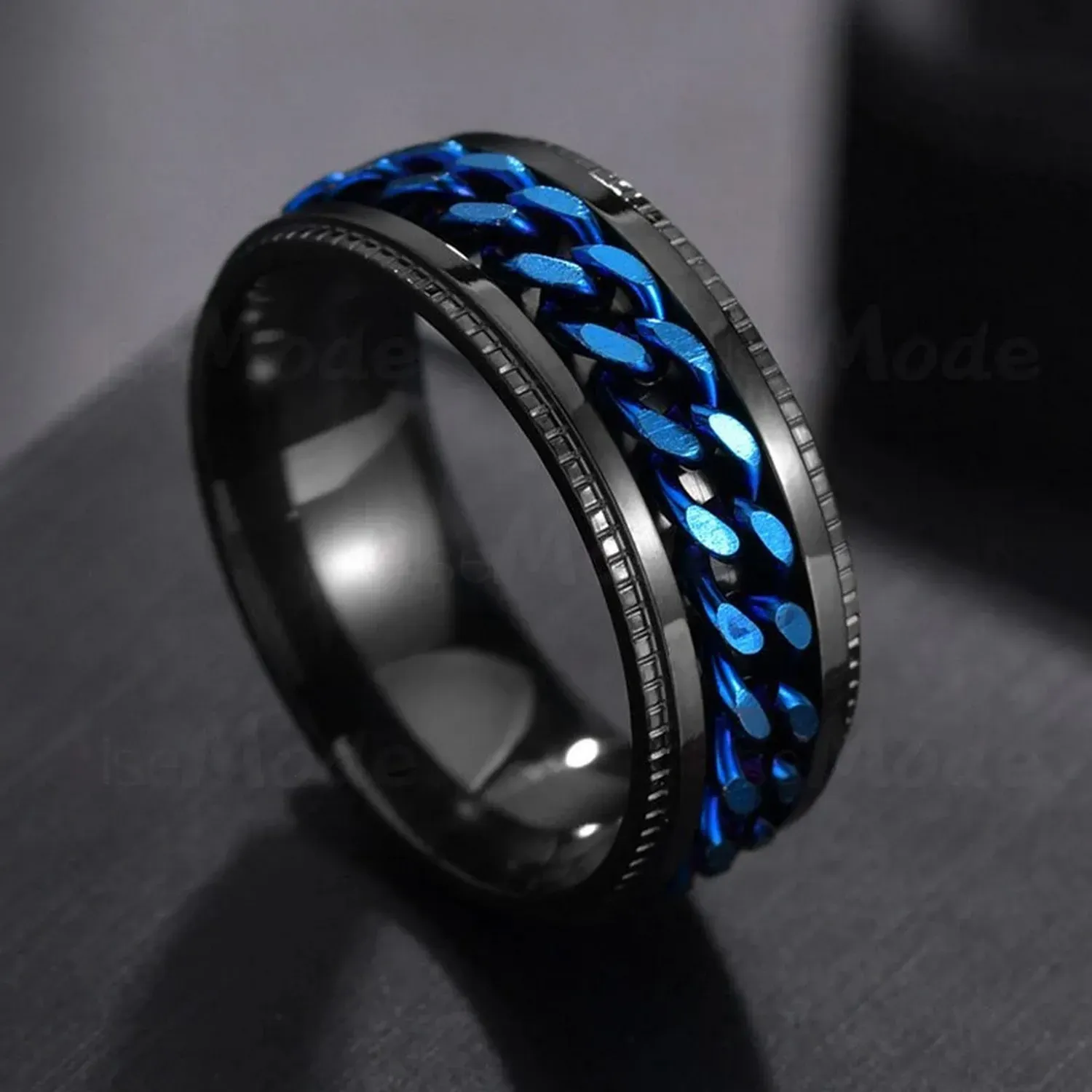 Anillo Cadena De Eslabones Giratoria Acero Azul Talla 11