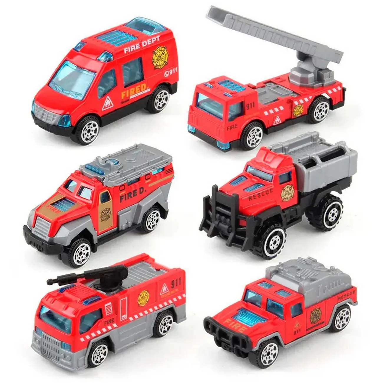 Colección Carros Vehiculos Bomberos De Metal 6 Pcs Juguete