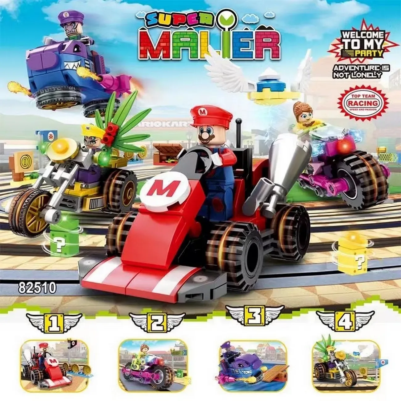 Super Mario Bros Mario Kart Cars Construcción X 4 Unidades