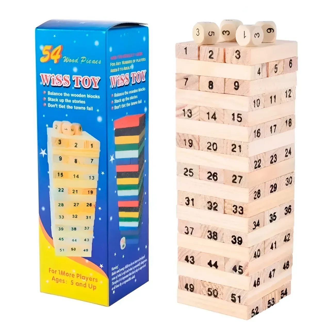 Jenga Torre Madera Mediana Bloques 48pc Dados Juego Mesa