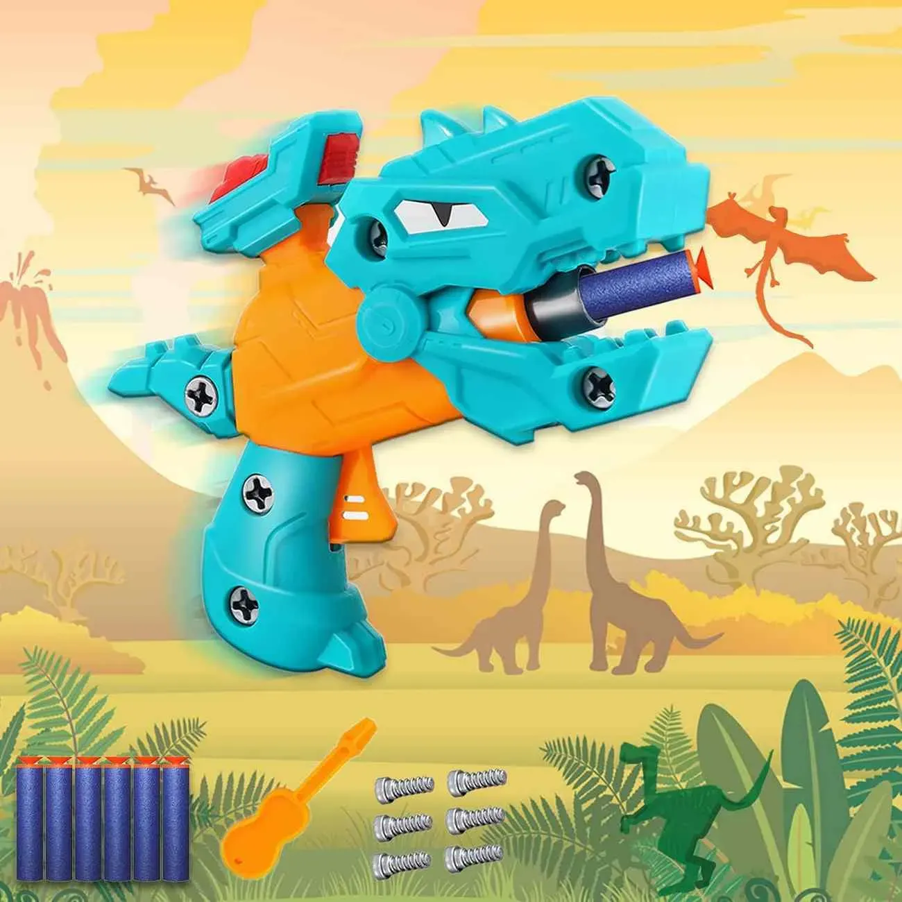 Pistola Dinosaurio Rex Desarmable Lanza Dardos Nerf Niños 