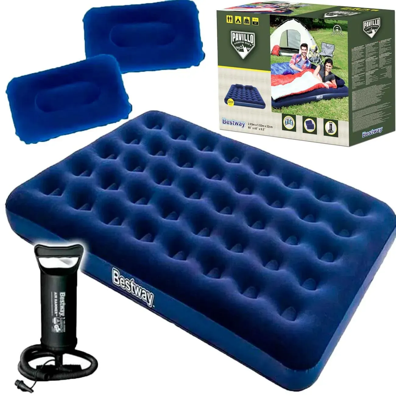 Colchón Inflable Doble Camping +2 Almohadas+inflador Bestway