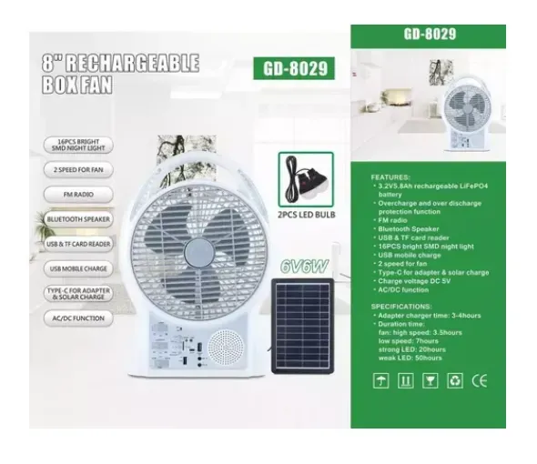 Ventilador Recargable Multifuncional Con Panel Solar Gd-8029