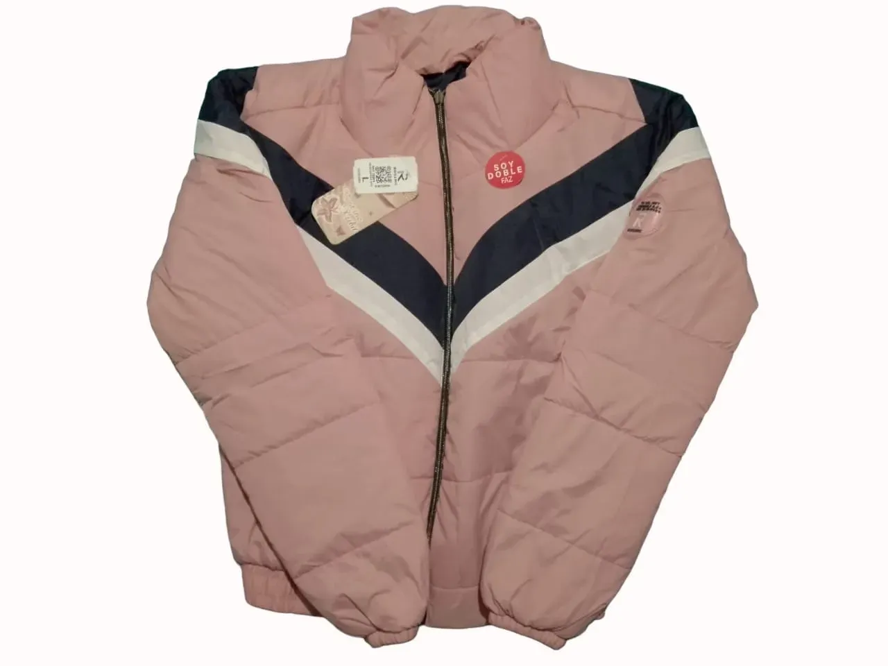 chaqueta de dama color rosa con franjas negras talla L 