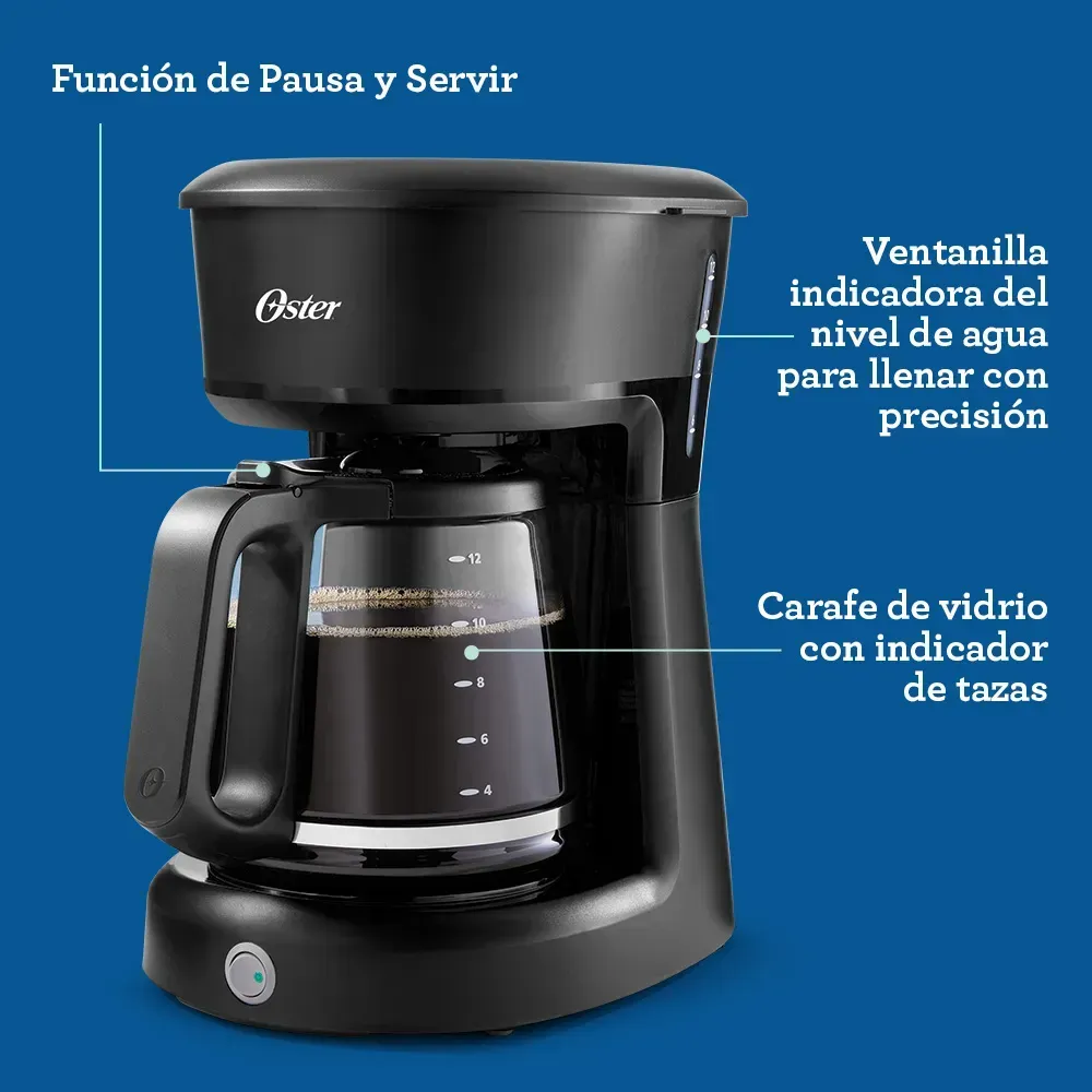 Cafetera Oster con Jarra de Vidrio Filtro Permanente 12 tazas Negra