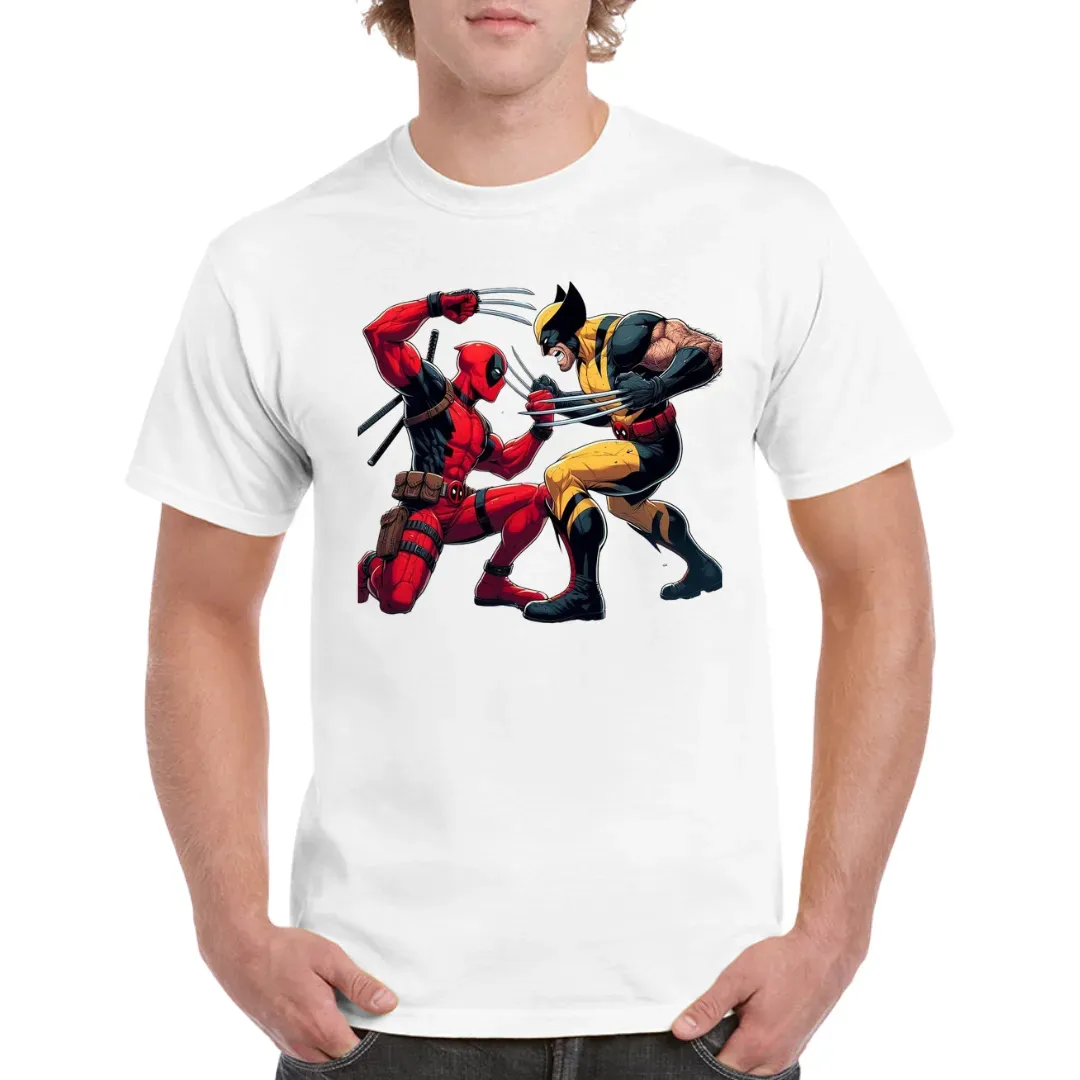 Camiseta blanca hombre Wolverine y Deedpool