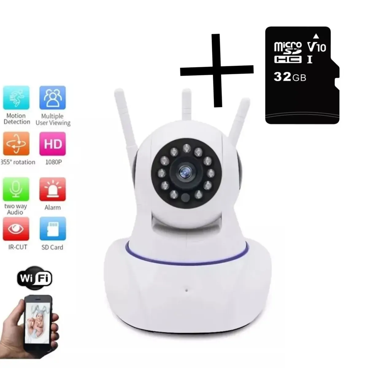 Camara Robot 3 Antenas + Micro Sd 32gb Color Blanco