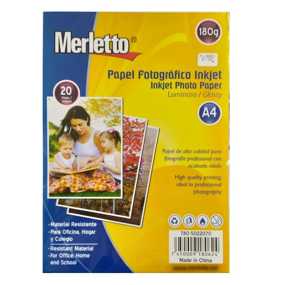 Papel Fotográfico Glossy A4 180 Gr X 20 Unid. Merletto