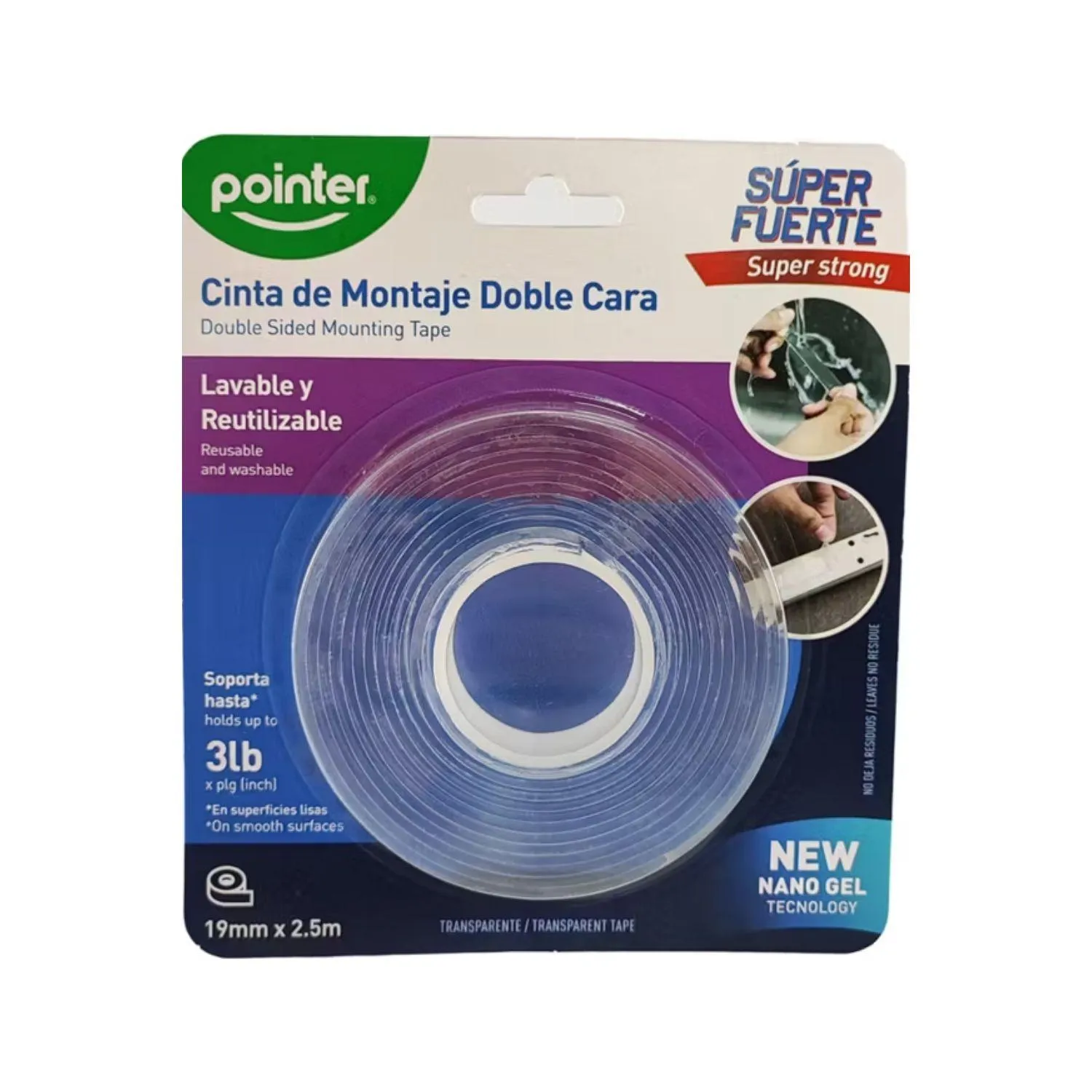 Cinta Doble Faz Lavable 19 Mm X 1.5 Mt Pointer